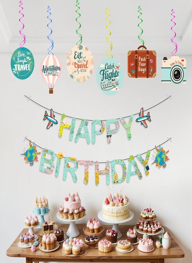 Partyjoy Travel Theme Birthday Decoration Kit, 7 Pieces, Happy Birthday Banner, Hanging Swirls, Cardstock Party Props for Travel Enthusiast - Image 1